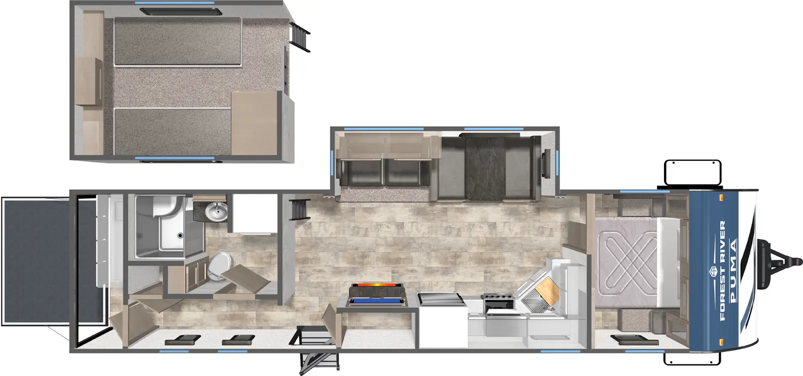 The Puma 345BHL floorplan has one entry and one slide out. Exterior features include: metal exterior and 21' awning. Interiors features include: loft and front bedroom.